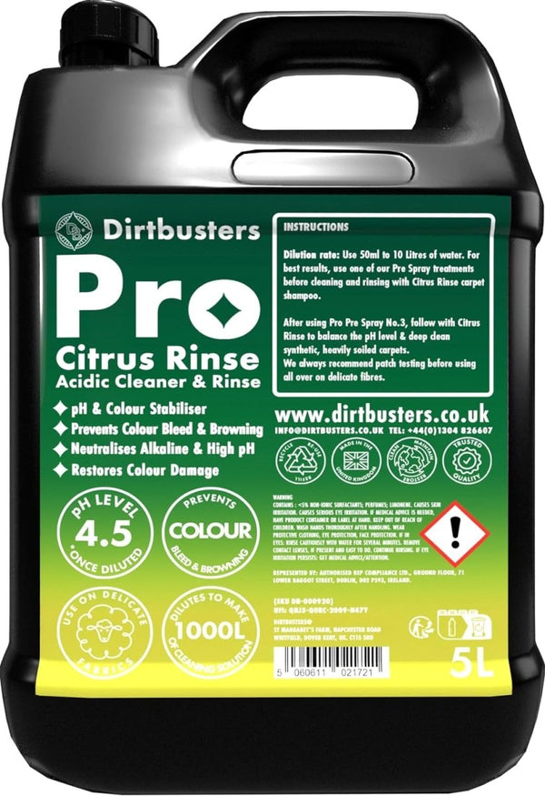Dirtbusters Pro Acidic Fibre & Fabric Citrus Rinse Carpet Shampoo, pH & Colour Stabiliser To Prevent Colour Bleed & Browning (5L) - dirtbusters.co.uk