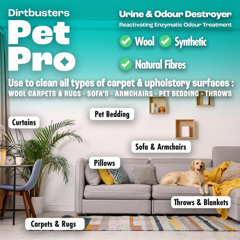 Dirtbusters Pet Pro Urine & Odour Destroyer Enzyme Cleaner For Carpet & Upholstery, Neautralise & Remove Pet, Dog & Cat Odours At Source, With Reactivating Enzymatic Treatment (1L) - dirtbusters.co.uk