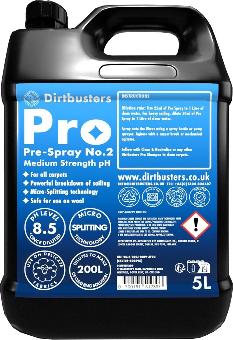 Dirtbusters Carpet Prespray Medium ph No.2 Cleaner (5 litre) TRADE - dirtbusters.co.uk