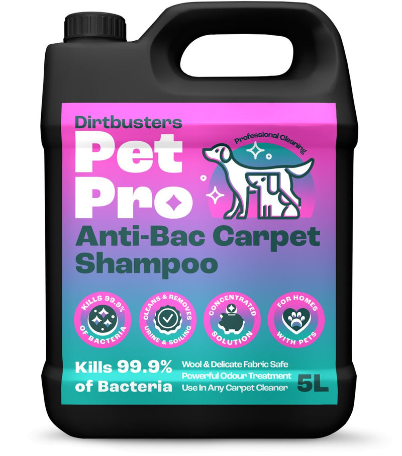 Dirtbusters Pet Pro Antibacterial Carpet Cleaner Shampoo Solution, Kills 99.99% Of Bacteria (5L) - dirtbusters.co.uk