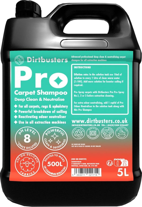 Dirtbusters Pro Carpet Cleaner Shampoo, Deep Clean & Neutralise Powerful Professional Standard Cleaning Solution With Odour Neutraliser (5L) - dirtbusters.co.uk