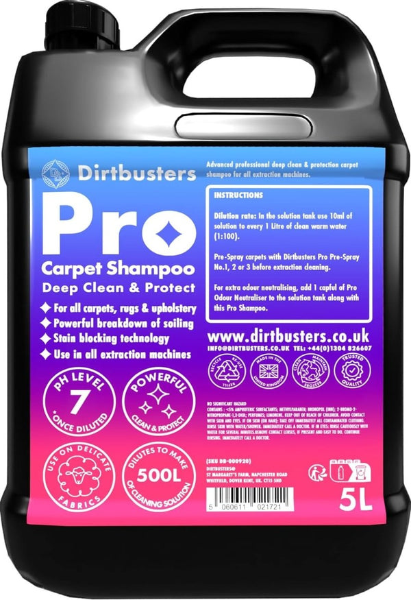 Dirtbusters Pro Carpet Cleaner Shampoo, Powerful Professional Deep Clean & Protect Cleaning Solution with Stain Protection Technology & Odour Treatment (5L) - dirtbusters.co.uk