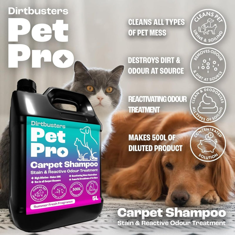 Pet Pro Carpet Cleaner Shampoo, Cleaning Solution to Remove Dog & Cat Urine, Odour & Stains, Summer Fresh (5L) - dirtbusters.co.uk