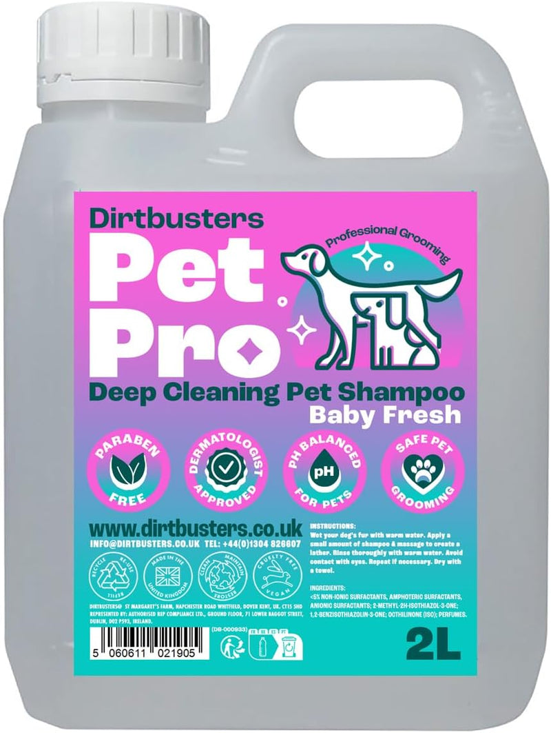 Pet Pro Dog Shampoo (2L) Sensitive Skin, Deep Cleaning Professional Dog Grooming & Puppy Shampoo & Conditioner For Smelly Dogs, Baby Fresh - dirtbusters.co.uk