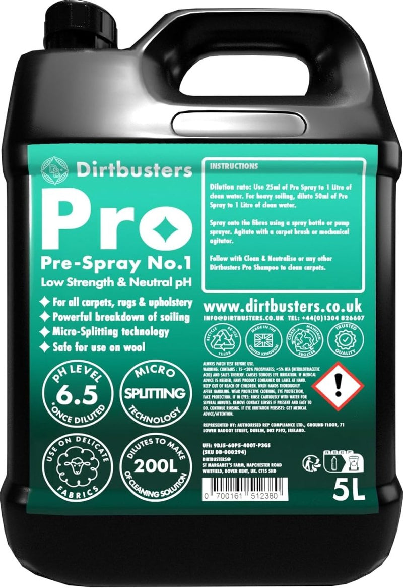 Pro Pre Spray No.1 Carpet & Upholstery Microsplitter Solution pH Neutral 6.5 (5L) - dirtbusters.co.uk