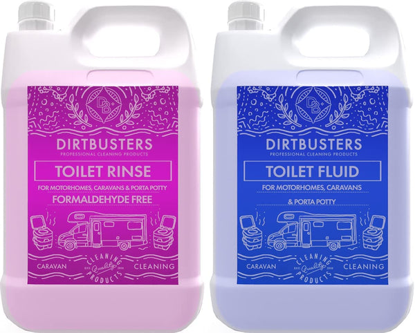 Dirtbusters Caravan Motorhome Toilet Chemicals Rinse & Fluid Flush Solution Formaldehyde Free, Pink & Blue (2x2 Litre) - dirtbusters.co.uk