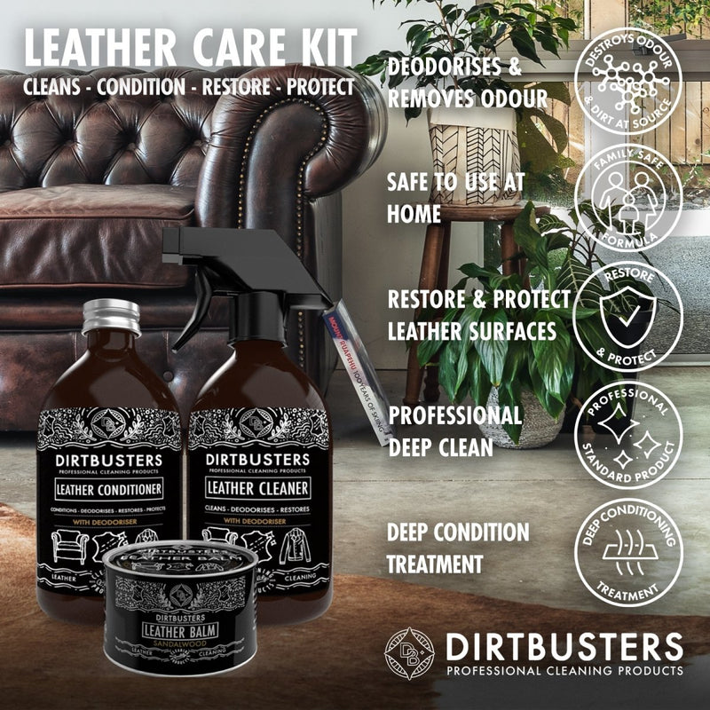 Dirtbusters Leather Cleaner And Conditioner With Protective Balm Cleaning Care Kit, Clean, Condition, Protect & Restore (2x500ml & 150g) - dirtbusters.co.uk