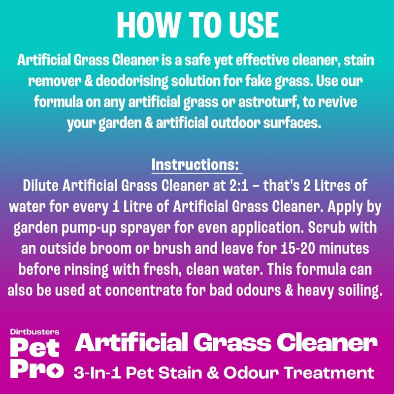 Dirtbusters Pet Pro Artificial Grass Cleaner For Dogs & Cats, 3-in-1 Clean, Remove Stains, Urine & Deodorise With Reactivating Odour Eliminator (5L) - dirtbusters.co.uk